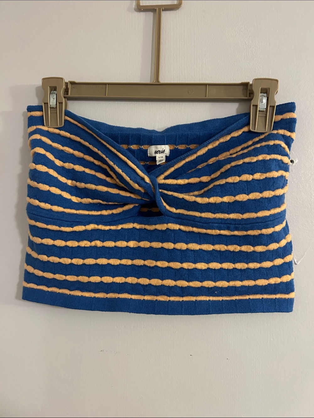 aerie Blue and Yellow Knit Twist-Front Crop Top